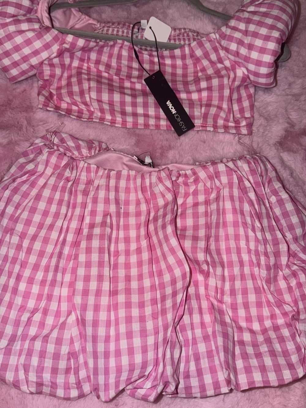 Fashion Nova Pink Gingham Two-Piece Skirt Set